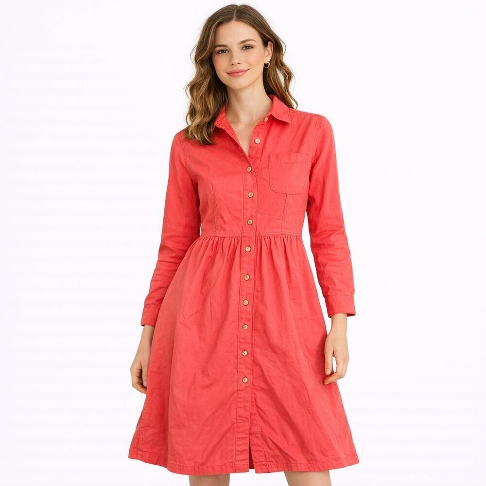FADS Vintage Long Sleeve 100% Cotton Button Up Collared Shirt Dress Coral Small